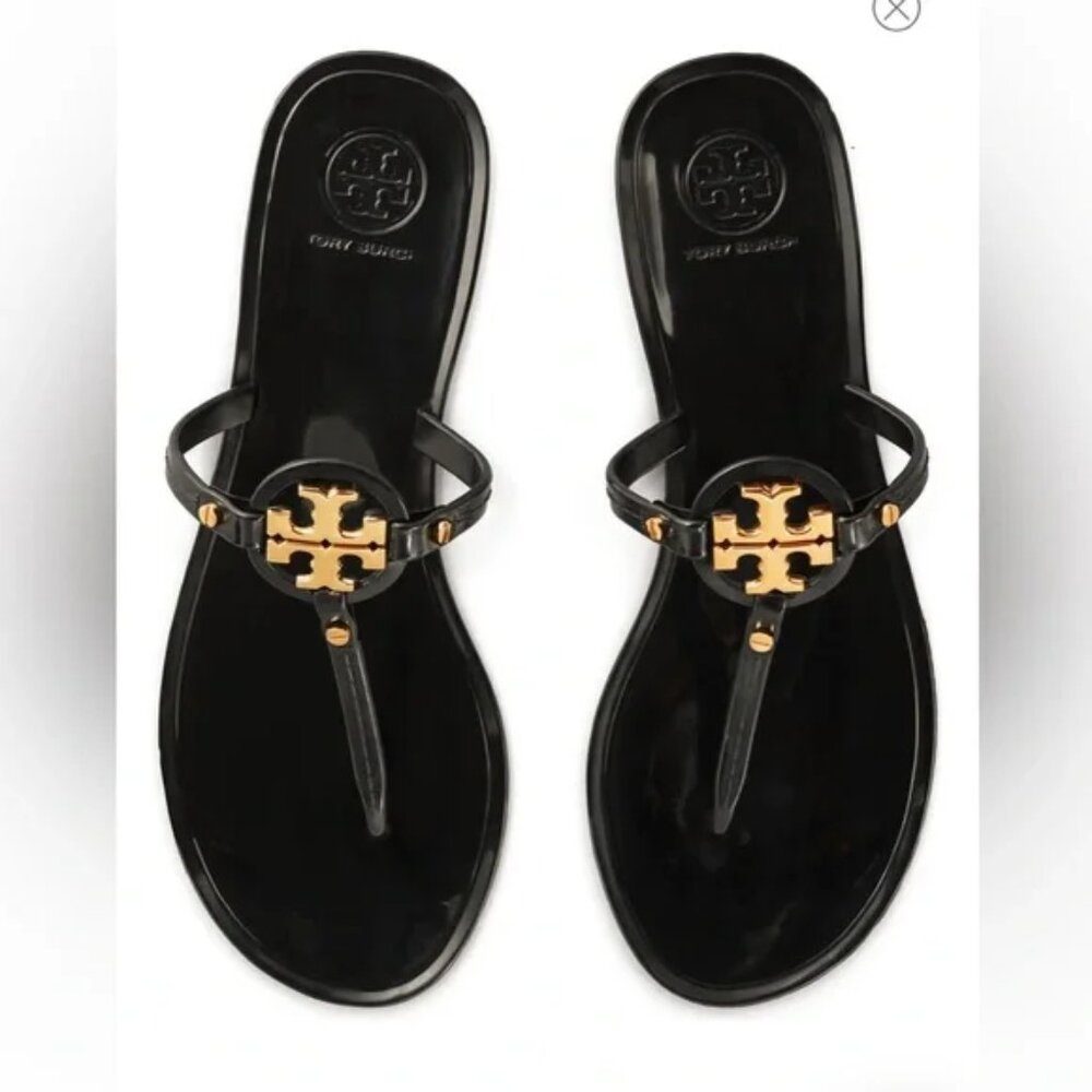 Tory Burch Miller Perfect Black Patent Leather Gold Medallion Sandals Thongs 6